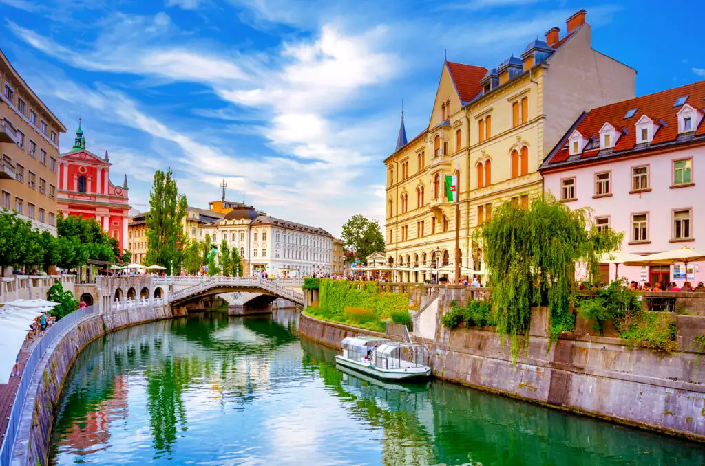 Bridge crossing the river in Ljubljana, Slovenia on a sunny day 